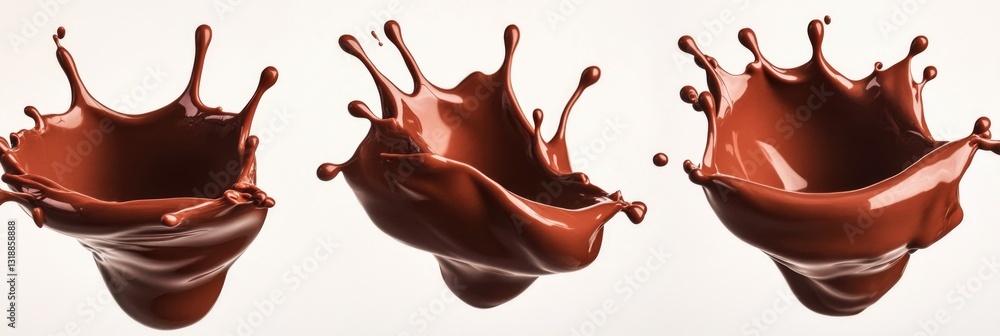 Poster three chocolate splashes in the air, one of which is a large splash. the splashes are in different s