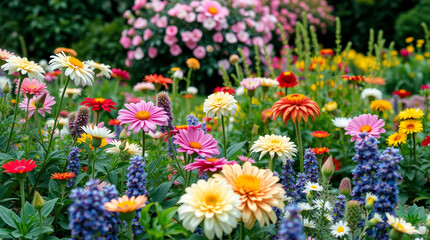 A cute garden full of blooming flowers and plants