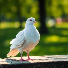 Close-up of a white dove standing confidently on a stone surface in a park
