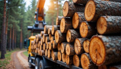 Logs being loaded onto a truck trailer by a crane in a dense forest
