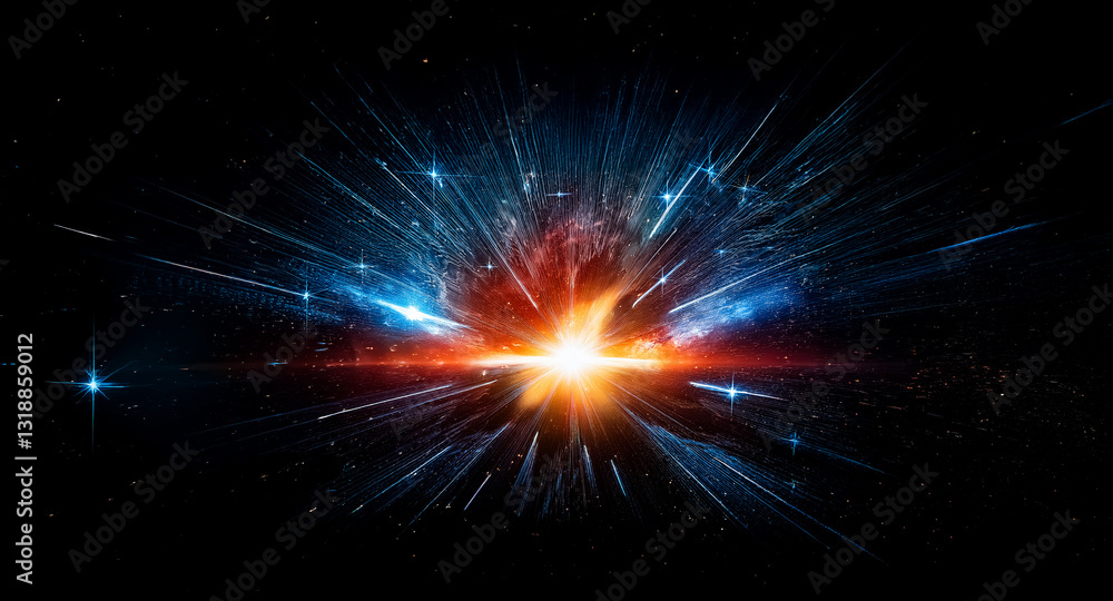 Aufkleber A brilliant explosion of light erupts from the center, casting vibrant blue and orange rays against the deep darkness.  Streaks of light extend outwards creating a dynamic cosmic scene.
