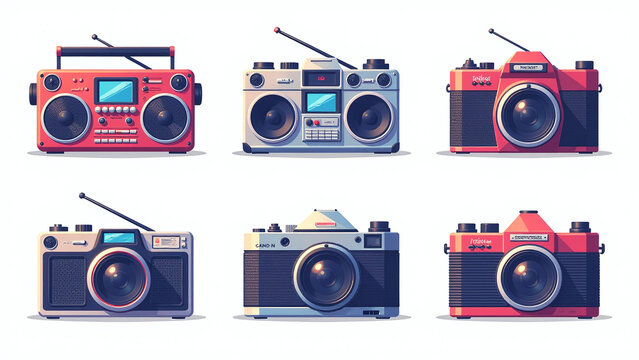 retro tech inspired flat designs featuring nostalgic radio boombox camera illustrations isolated clean white