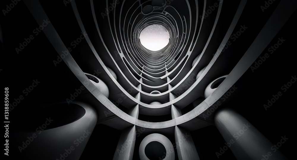 Poster a low angle perspective captures a spiraling structure with spherical elements, creating a sense of 