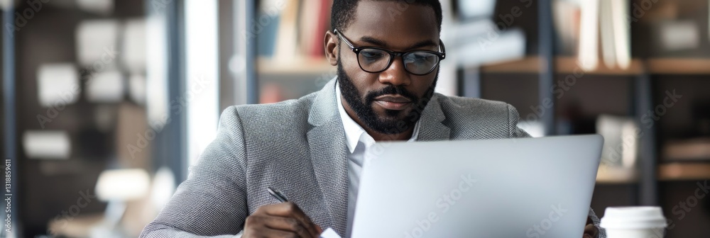 Poster a man wearing glasses is sitting at a desk with a laptop open in front of him. he is writing on a pi