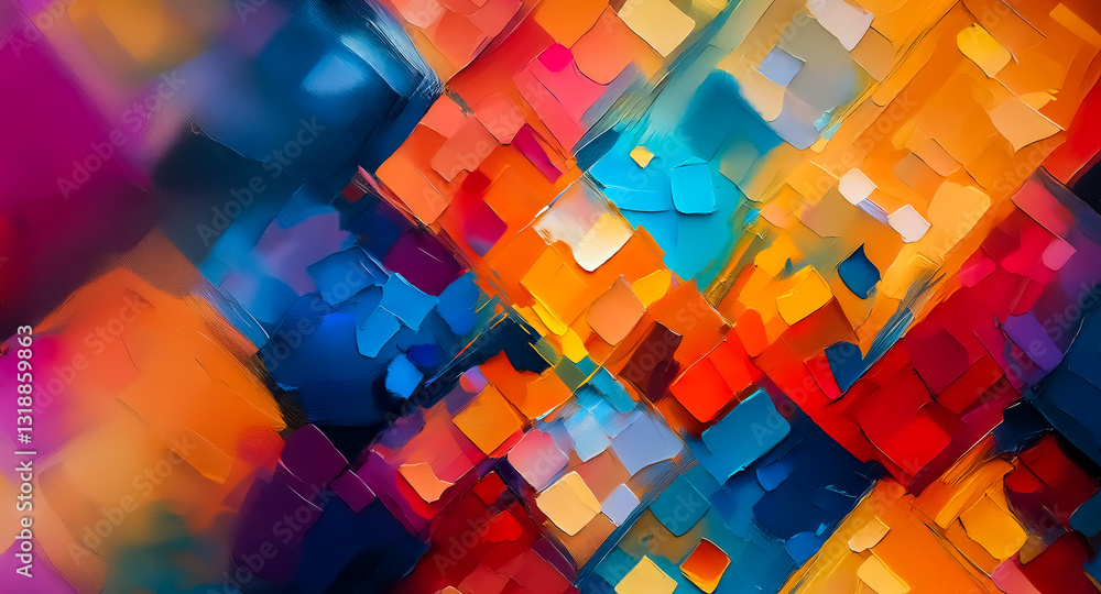 Fototapete Abstract art with vibrant colors and geometric shapes.  Painted texture with diagonal lines and square patterns create a dynamic and modern design.