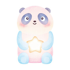 Baby shower concept, Cute panda lamp holding a star, glowing softly against a transparent background.