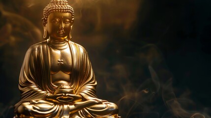 Fototapeta premium A golden Buddha statue with a glowing lotus flower and abstract lines and lights in the background.