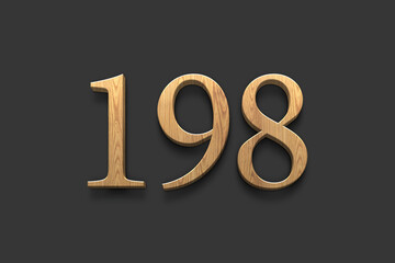 3D wooden logo of number 198 on dark grey background.