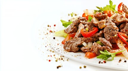 Beef Salad with Red Peppers and Onions on White Plate