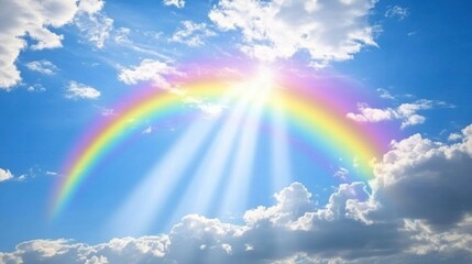 bright rainbow arches across the sky, with rays of sunlight piercing through fluffy white clouds, blue background, peace and hope atmosphere, hope, joyous moments, love, or celebration