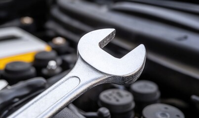 Fototapeta premium Close-up of a silver wrench resting on an engine, highlighting tools used in automotive maintenance and repair.
