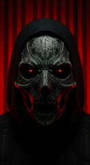 Generative AI Grim Reaper Mask: Dark Fantasy Character grim reaper mask skull hood rune red eyes dark cloak fantasy horror death power fear mystery  - Make impact.