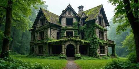Fototapeta premium Enigmatic Overgrown Mansion Nestled Deep Within a Verdant Forest, Path Leading to Mysterious Entrance