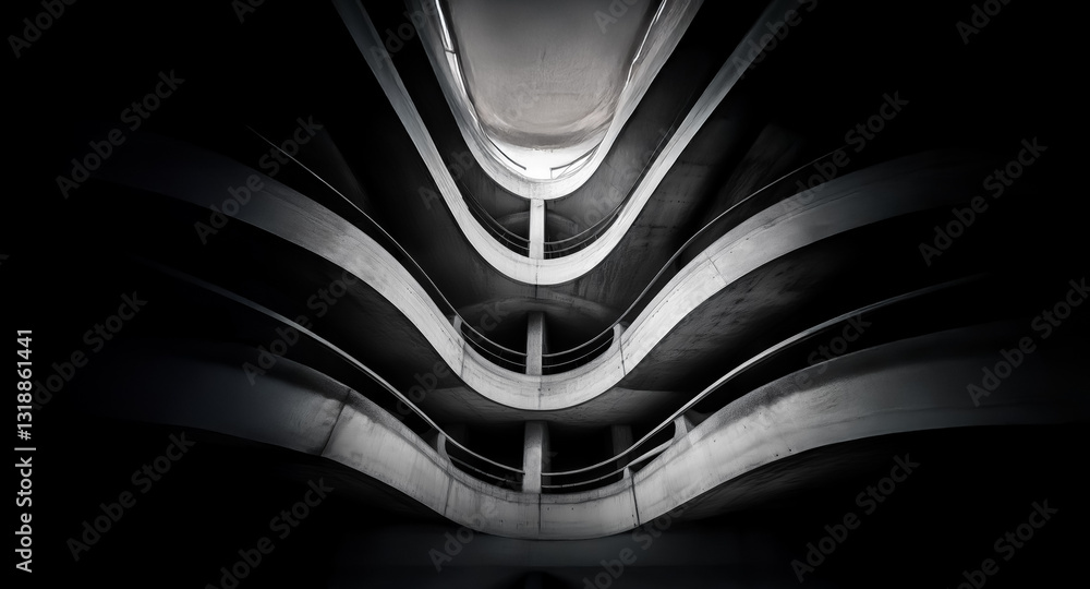 Poster dramatic monochrome architecture with curving levels and strong contrast, creating an abstract and d