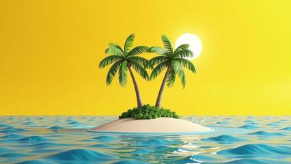 Obraz premium small tropical island two palm trees sunny yellow