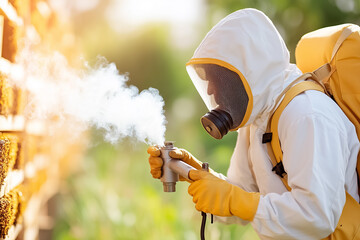 A beekeeper uses a smoker to calm bees, with white smoke swirling gracefully in the air. Hives stand in the background, basking in the gentle warmth of daylight