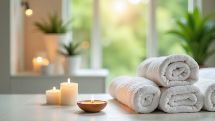 spa setting features luxurious decor including white towels candles plants creating bright clean atmosphere