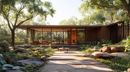 Modern glass house nestled in sun-drenched forest garden