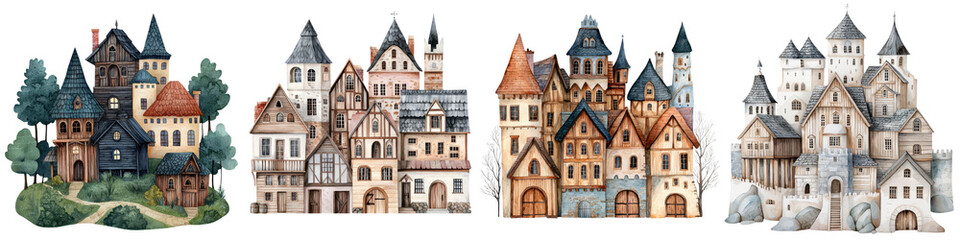 Obraz premium Enchanting Medieval Fantasy Town with Whimsical Castle and Houses Colorful Digital Rendering of Historic Fairy Tale Architecture and Landscape