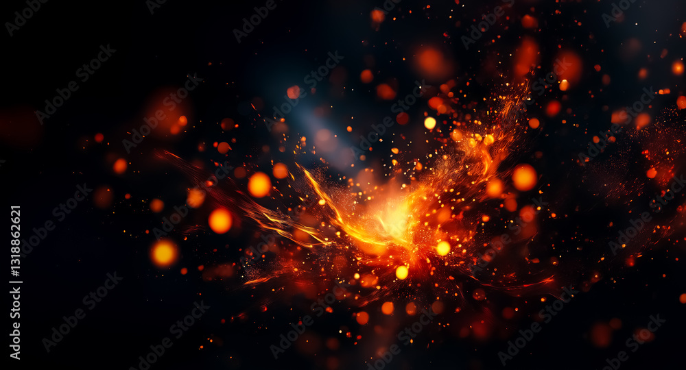 Fototapete abstract fiery sparks burst on a dark backdrop. glowing orange and yellow lights create a dynamic an