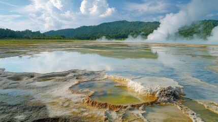 Vibrant geothermal landscape with steaming pools and lush hills under a blue sky