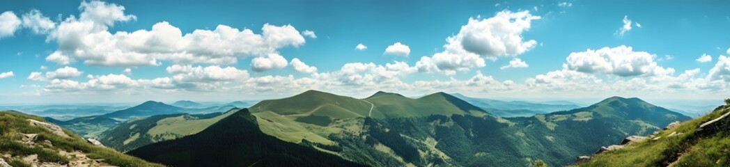 Fototapeta premium Panoramic photo of beautiful green mountains in the Alps, with a blue sky and white clouds. 
