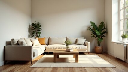 Fototapeta premium Serene Living Room Design Featuring a Neutral-Toned Sectional Sofa and Wooden Coffee Table, Accented with Greenery and Natural Light