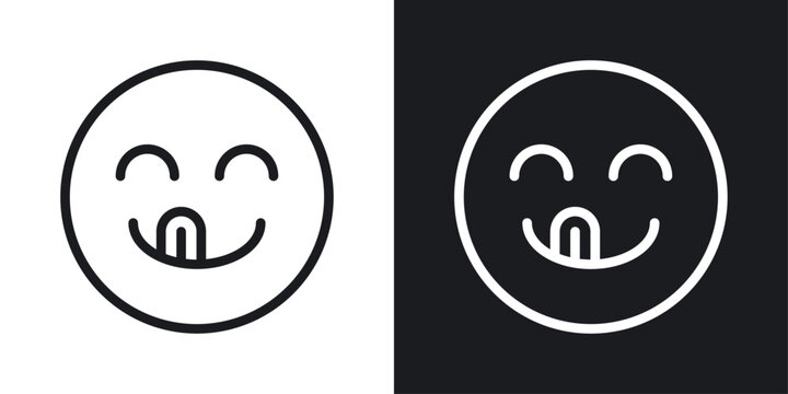 Yummy smile emoji icon set in black and white stroke lines