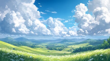 Obraz premium A beautiful landscape depicting a bright sunny sky and green hills