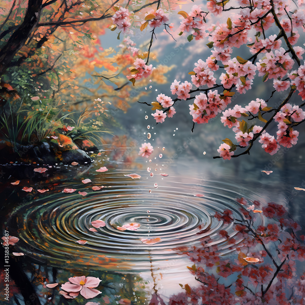 Poster spring blossoms create ripples in a tranquil pond at dawn generative ai
