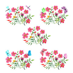 Composition of wild flowers and rose hips with colorful butterflies, dragonflies. Isolated hand-drawn watercolor illustration. Template for postcard, embroidery, sticker