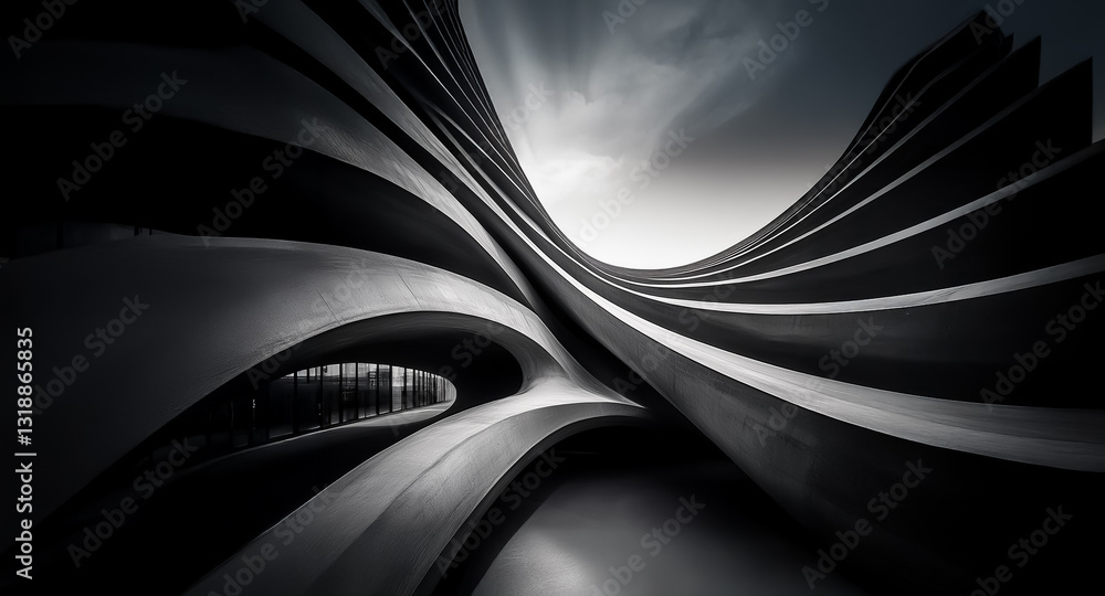 Leinwandbilder abstract monochrome architecture featuring dynamic curved lines and dramatic light play against a cl