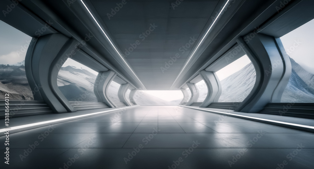 Poster futuristic corridor with illuminated stripes and arched openings reveals a mountain landscape. moder