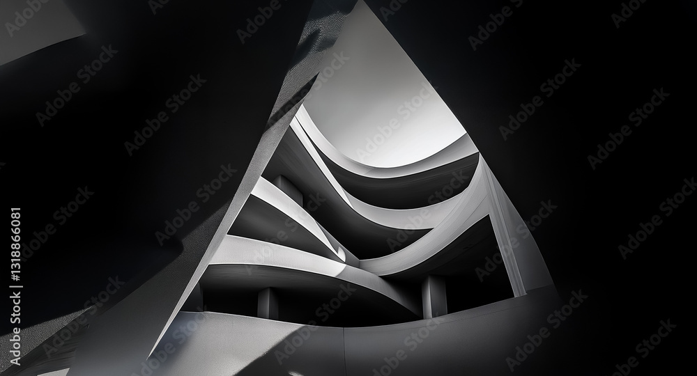 Poster Dramatic low angle view of a modern architectural interior featuring strong contrasts of black and white, with curved lines and deep shadows creating an abstract and geometric composition.