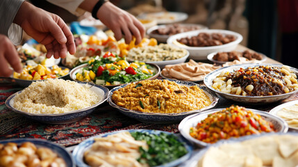 Fototapeta premium Hands arranging a variety of traditional dishes for Iftar, symbolizing generosity and hospitality during Ramadan.