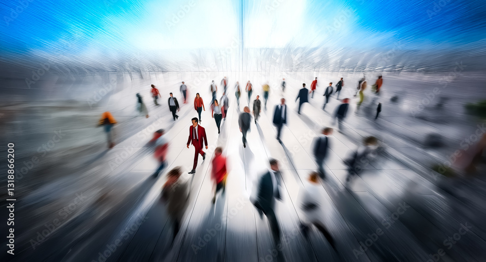 Poster blurred figures walk towards a bright light, creating a dynamic sense of motion and perspective. a c