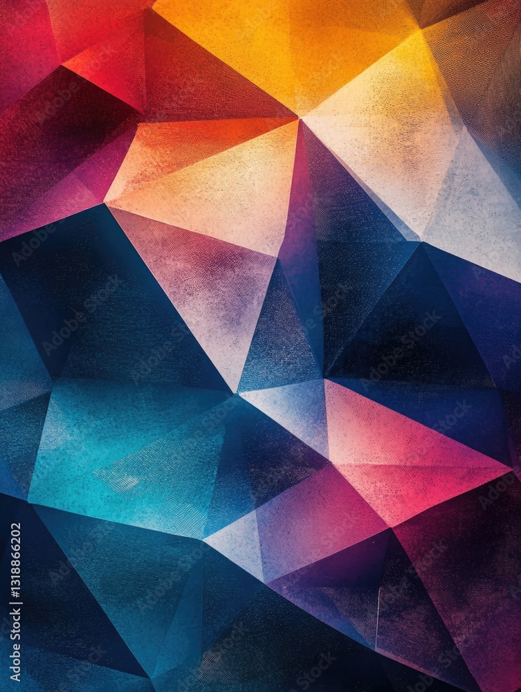 Poster colorful triangular shapes in a symmetrical pattern.