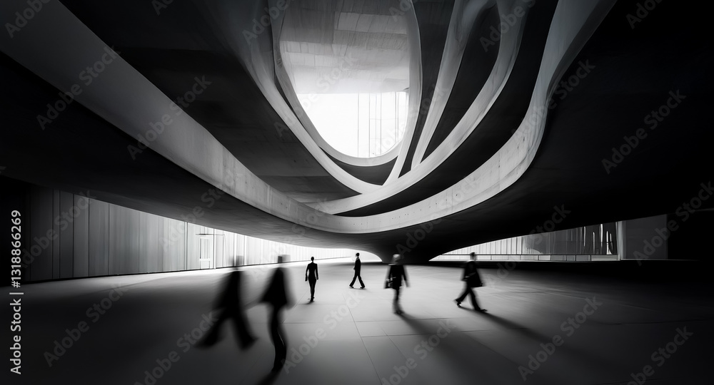 Poster modern architecture featuring blurred figures walking through a spacious, curved interior. black and