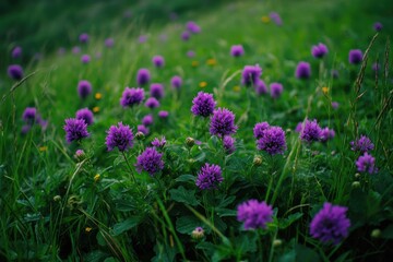 Fototapeta premium Vibrant purple flowers in a lush green field during springtime.
