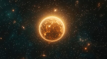 Glowing orange sun surrounded by stars in the deep space