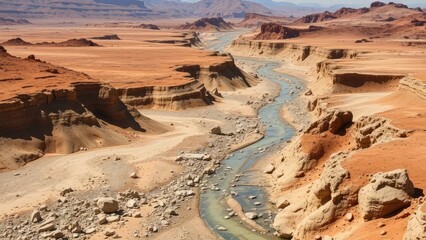Desert landscape with dry riverbeds and rocky terrain, landforms, arid landscape, sediment transport