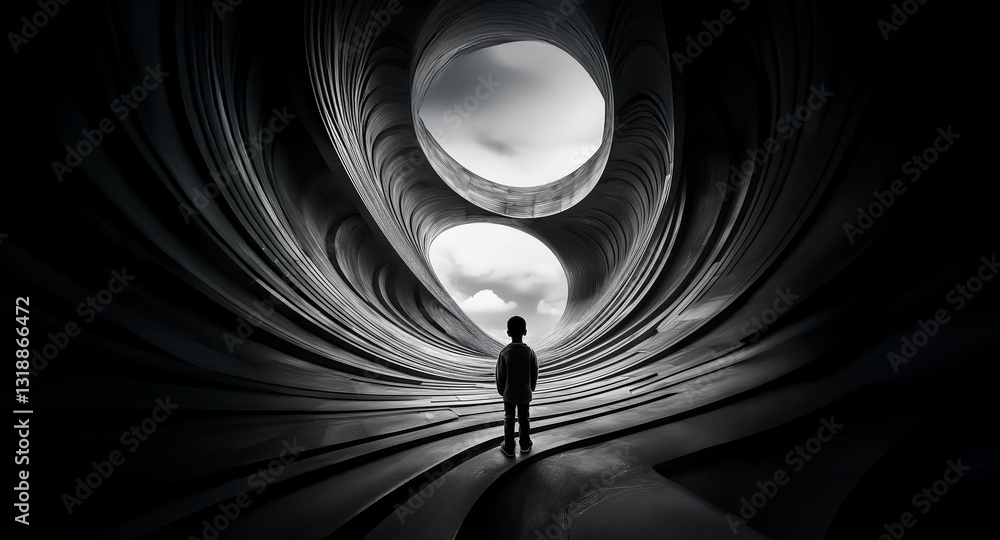 Poster silhouette of a person stands in a swirling abstract tunnel with sky openings. dramatic monochrome i