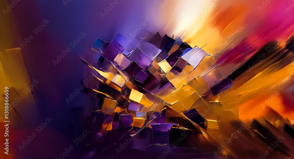 Poster Abstract painting with an explosion of colorful blocks and squares. Dynamic brushstrokes create vibrant hues in a modern design.