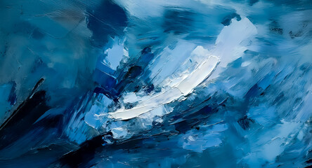 Abstract painting with blue and white brushstrokes creates texture and depth. Bold strokes evoke a sense of movement and artistic expression on canvas.