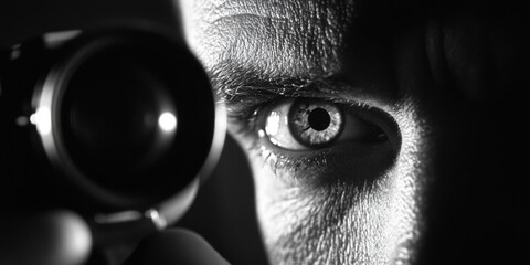 Mysterious man with an eye patch peering through a camera lens, creating an air of intrigue and suspense.