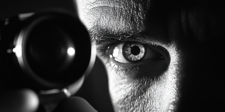 Mysterious man with an eye patch peering through a camera lens, creating an air of intrigue and suspense.