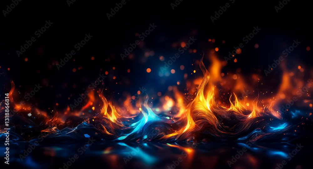 Poster vibrant flames burst with a captivating blend of orange and blue hues against a dark backdrop. shimm