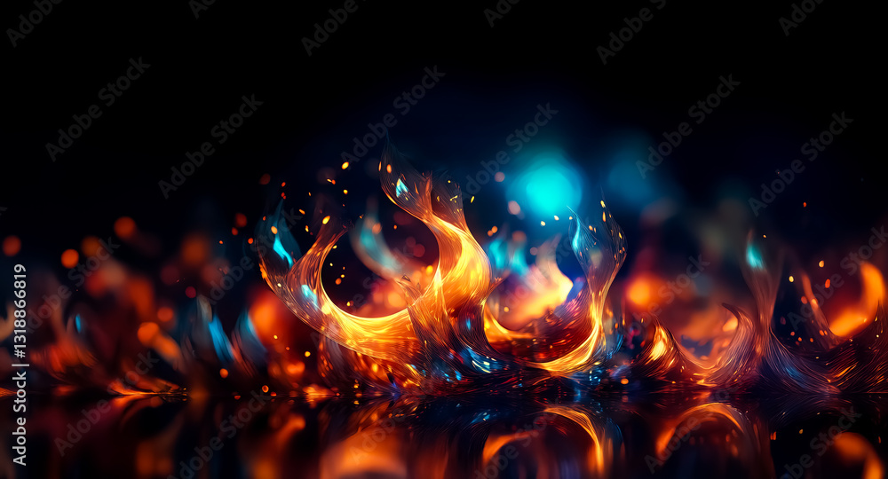 Poster vibrant flames dance against a dark background, illuminated with shades of orange, blue, and hints o