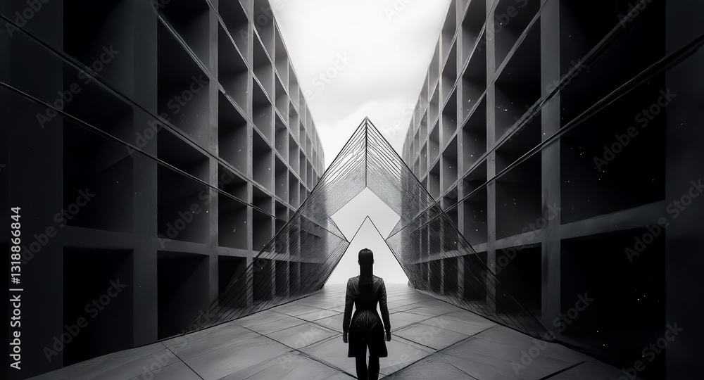 Poster A figure walks into bright light between towering geometric buildings, creating a stark contrast in black and white, suggesting a journey or path forward in an urban setting.