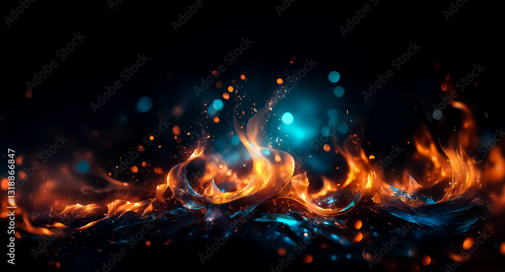 Poster Fiery abstract waves in orange and blue tones create a dynamic and energetic scene against a dark backdrop. Glowing sparks add depth to the vibrant composition.